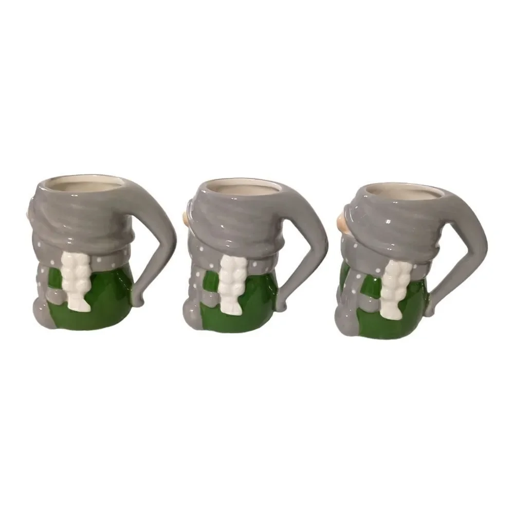 Pottery Barn Gnome Gnomette‎ Mug Set x 3 Ceramic Holiday Gray Green Polka Dots